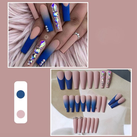 NEW Blue + Nude Crystal Embellished Fake Nails Rhinestone Coffin Nails - Picture 3 of 3